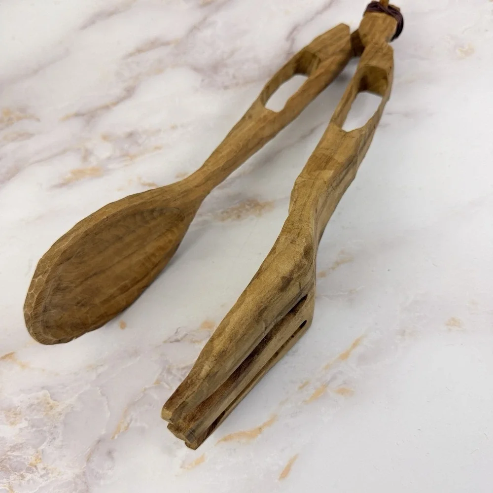 Vintage Olive Wood Salad Tongs Carved Handmade Folk Art Rustic Kitchen Utensils